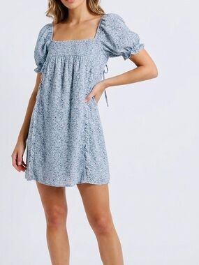 KILIBBI Smocked Blue & White Floral Print Square Neck Dress w Puffy Sleeves